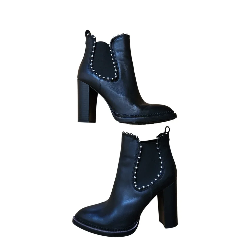Sam Edelman Black‎ Leather Studded Chelsea Ankle Boots Block Heel Salma 8.5